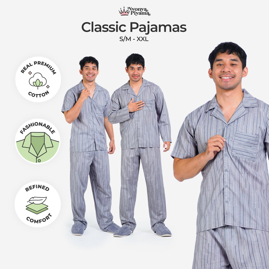 Classic Pajamas Katun Pria Set - Spancer Off Grey