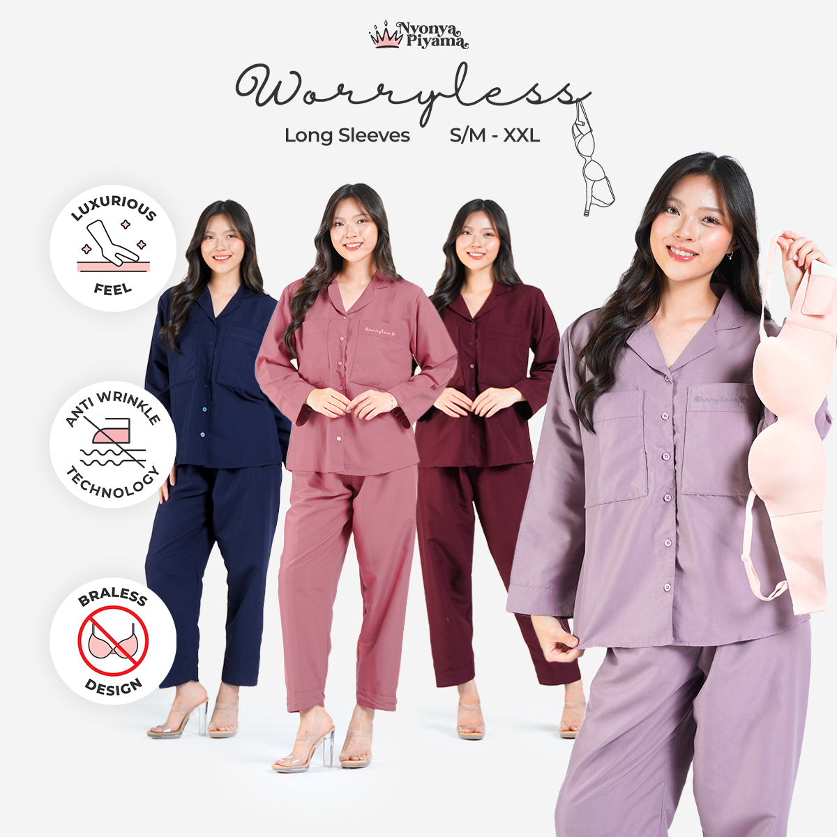 Worryless Series - Braless Piyama Lengan Panjang Solid