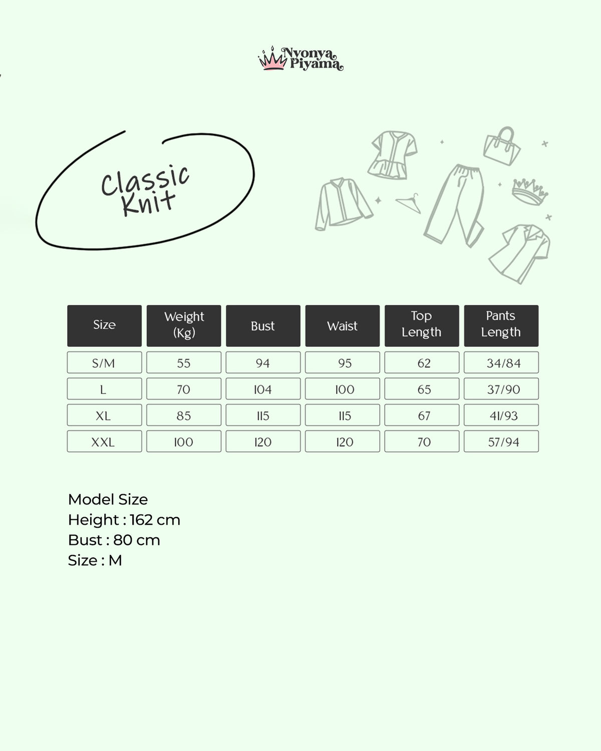 Classic Knit - Piyama Set Lengan Panjang Tabel Ukuran