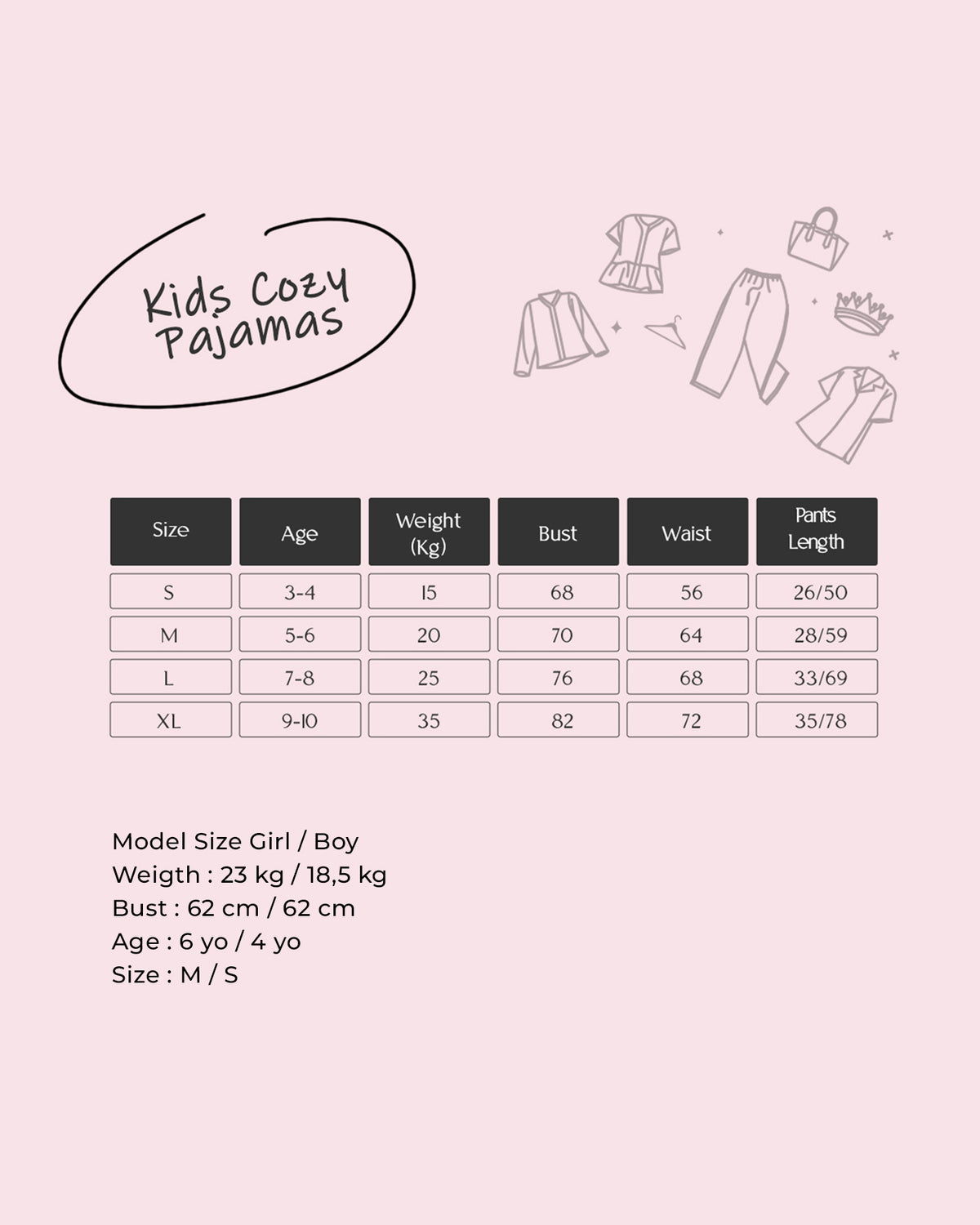 Cozy Series - Piyama Anak Set Lengan Panjang Tabel Ukuran