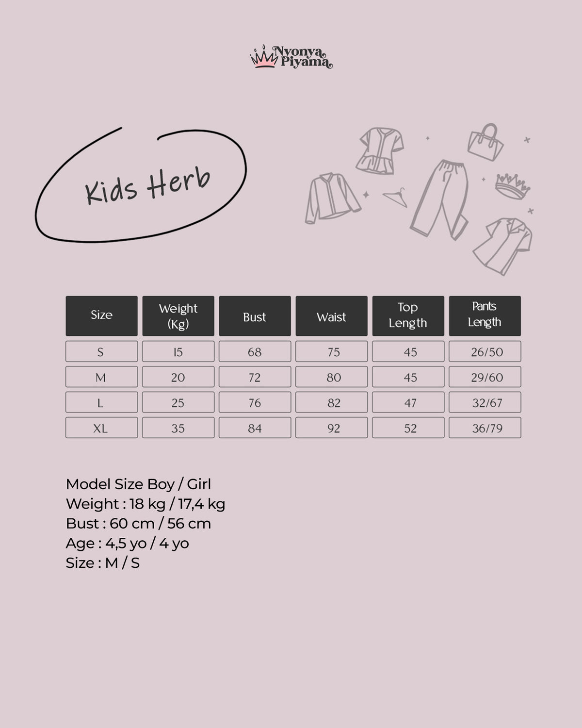 Herb Series - Piyama Anak Set Celana Pendek Tabel Ukuran