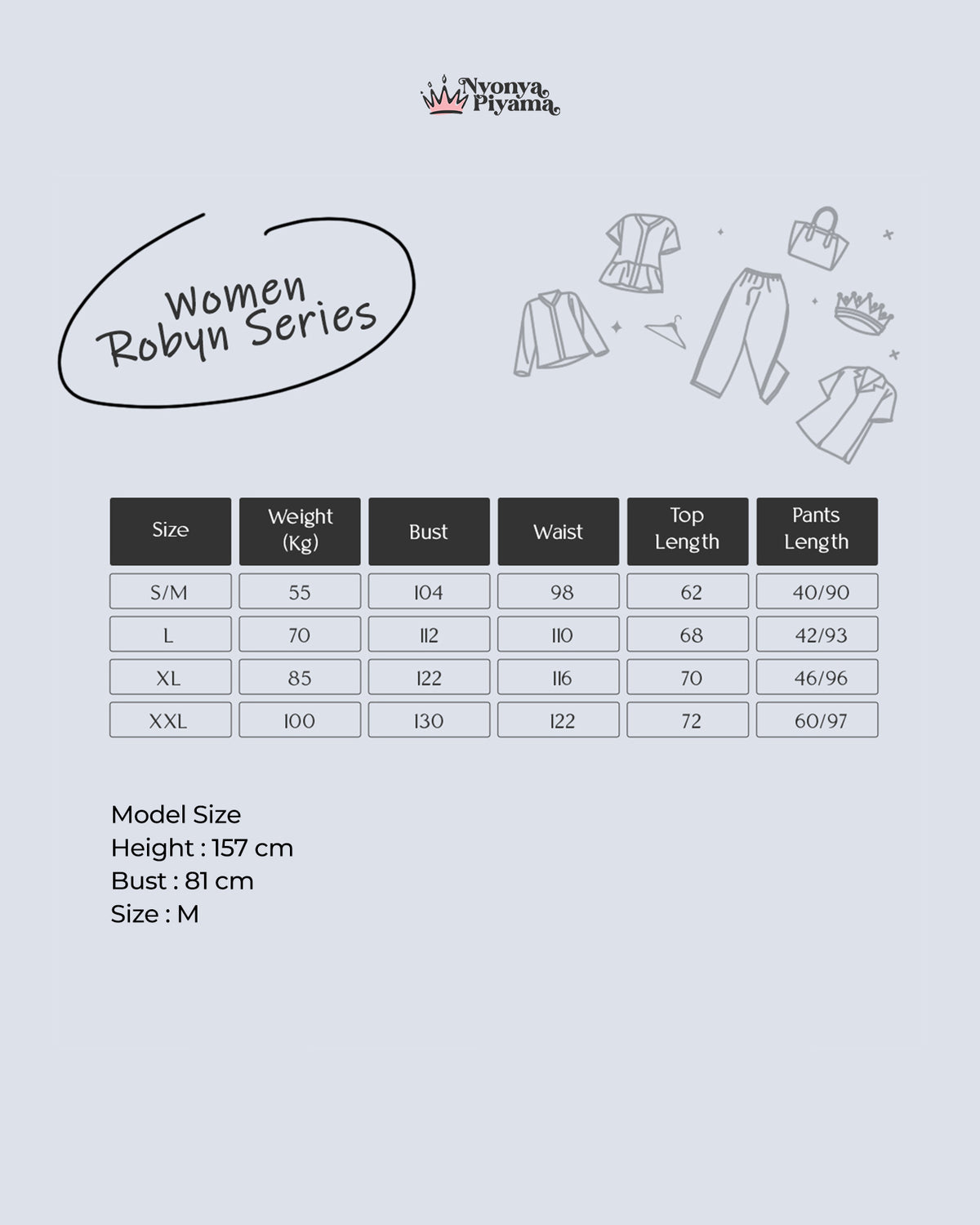 Classic Poly Rayon Robyn Series - Piyama Set Celana Pendek Tabel Ukuran