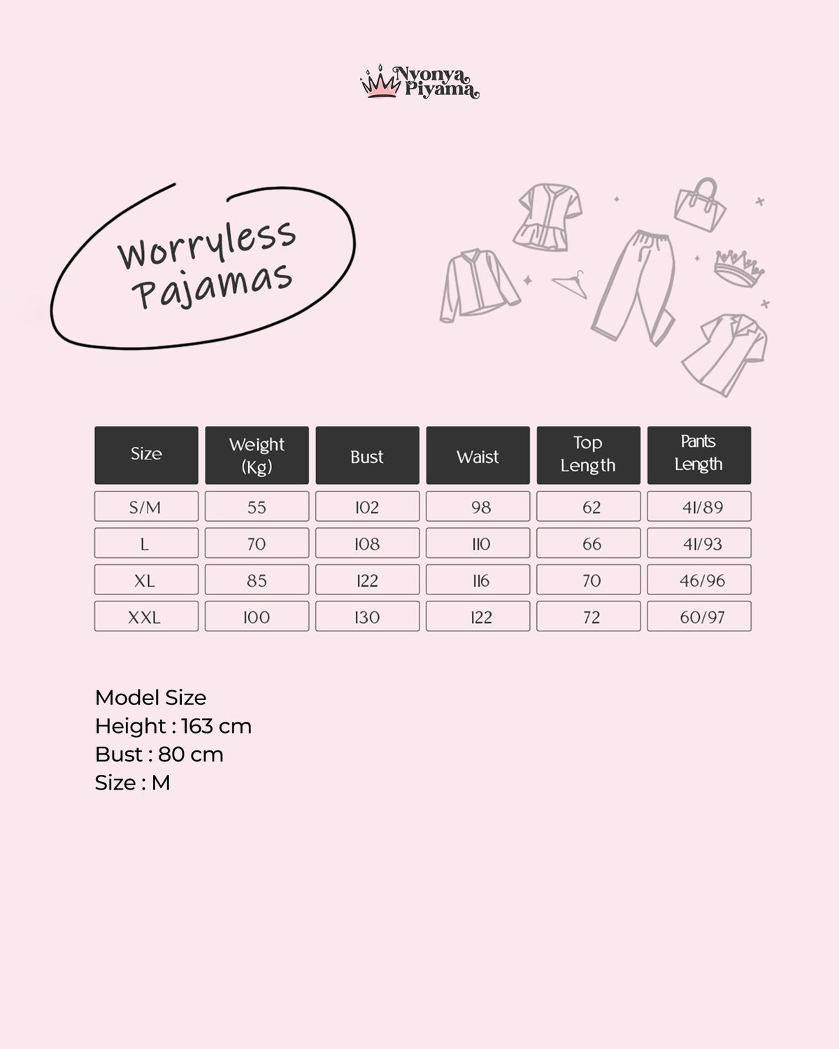 Worryless Series - Braless Piyama Lengan Panjang Solid Tabel Ukuran